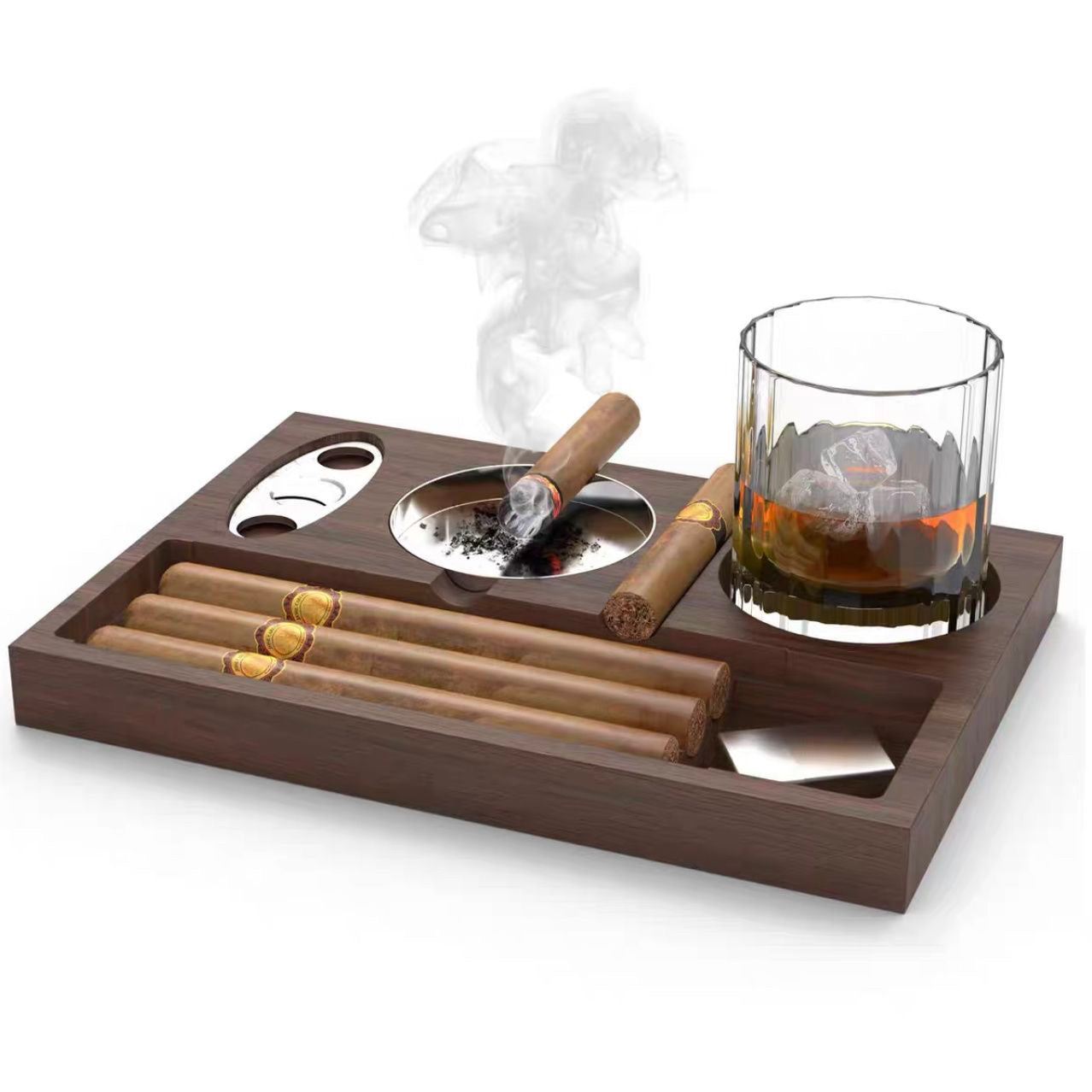 New wooden cigar ashtray tray, complimentary cigar cutter and whiskey cup tray
