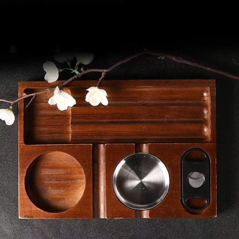 New wooden cigar ashtray tray, complimentary cigar cutter and whiskey cup tray