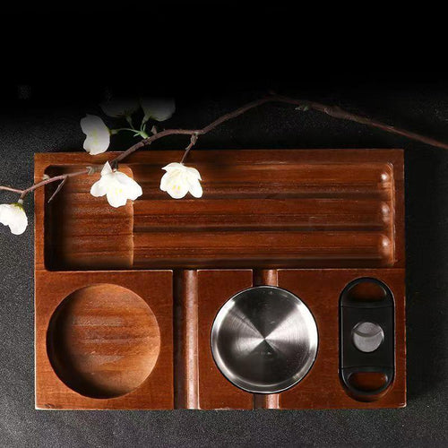 New wooden cigar ashtray tray, complimentary cigar cutter and whiskey cup tray